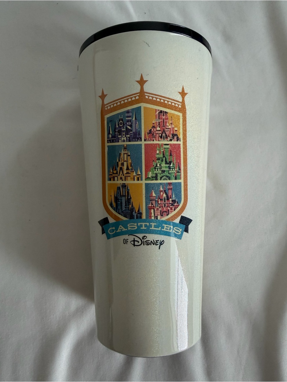 Disney White Glitter Corkcicle Tumbler with Multicolor Castle Crest